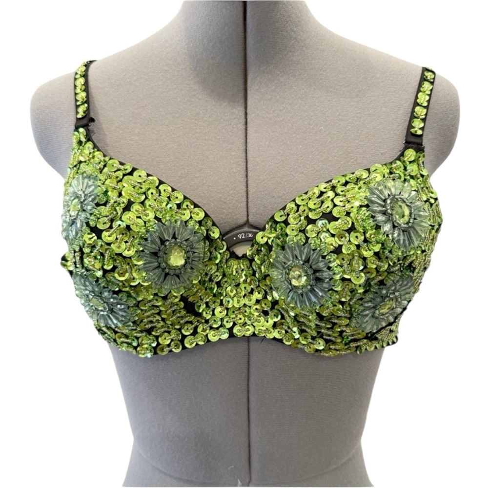 Super Fun Sequin And Beaded Embellished Green Bra Size 28B, 28C Sizes estimated